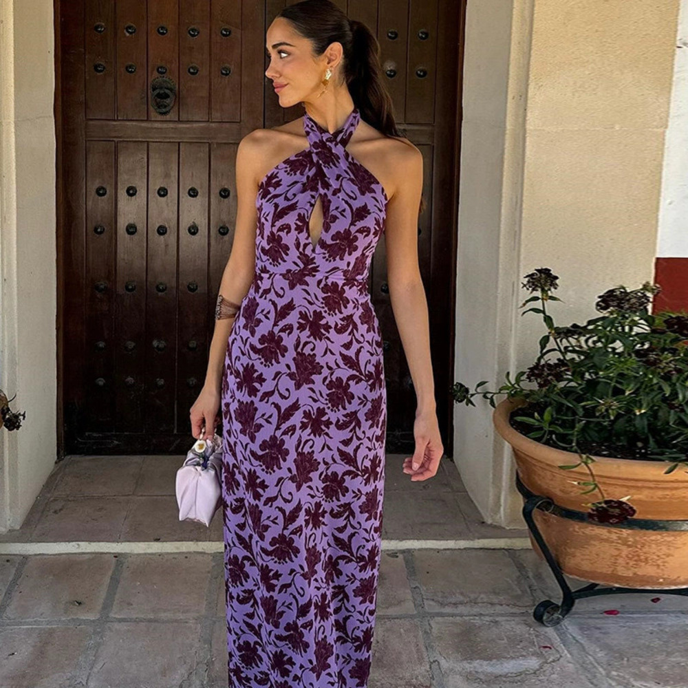 Zara Summer Halter Neck Off Shoulder Printed Backless Slit Dress